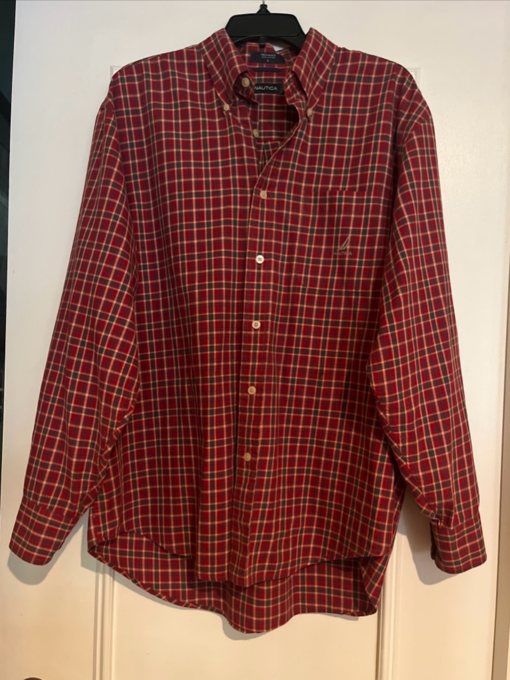 Nautica Red and Green Plaid Long-Sleeve Button-Down Shirt
